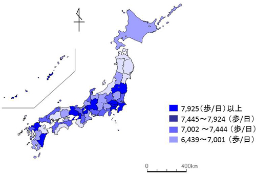 図１　都道府県別歩数の平均値　男性（20〜64歳）