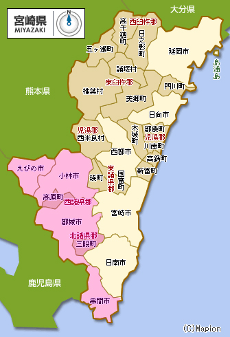 都城年金事務所の管轄区域(ピンク色の区域)。